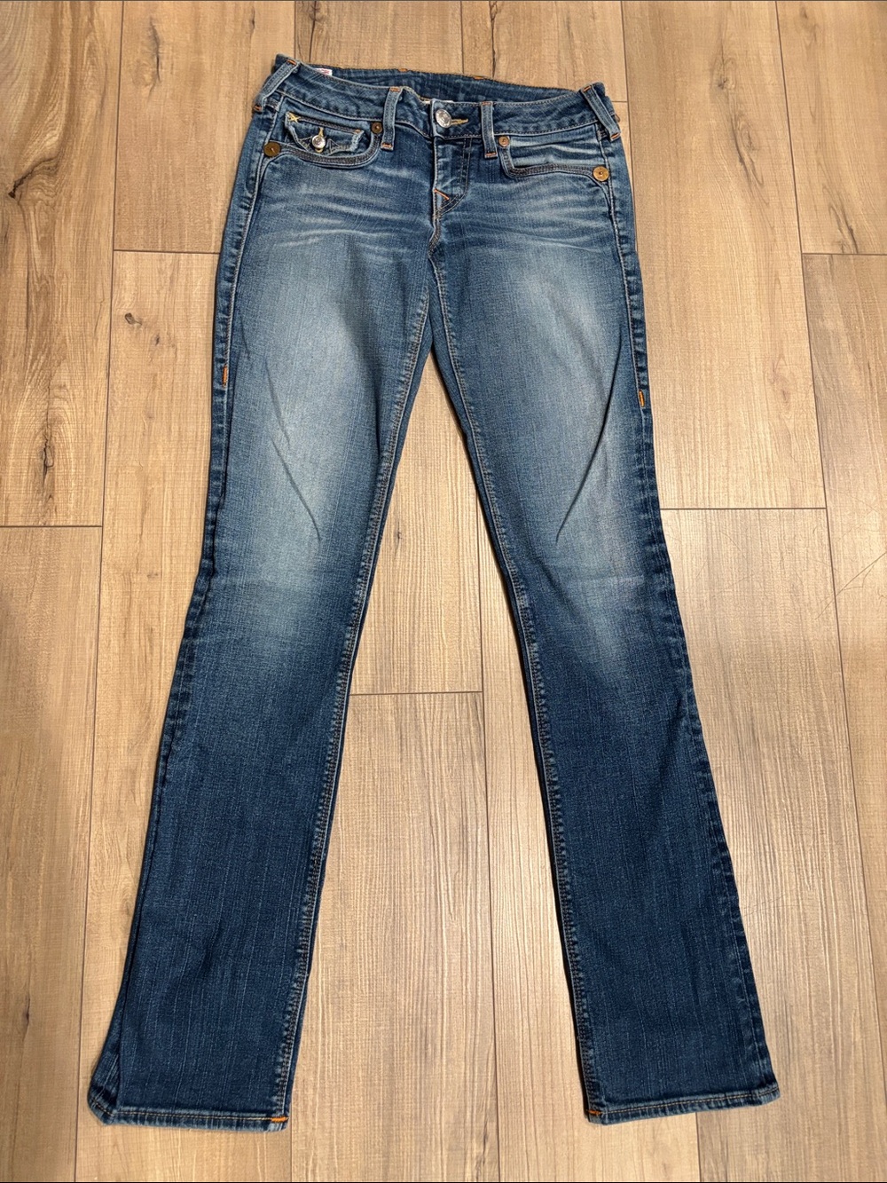 True Religion Slim Men's Blue Denim Jeans with Orange Stitching